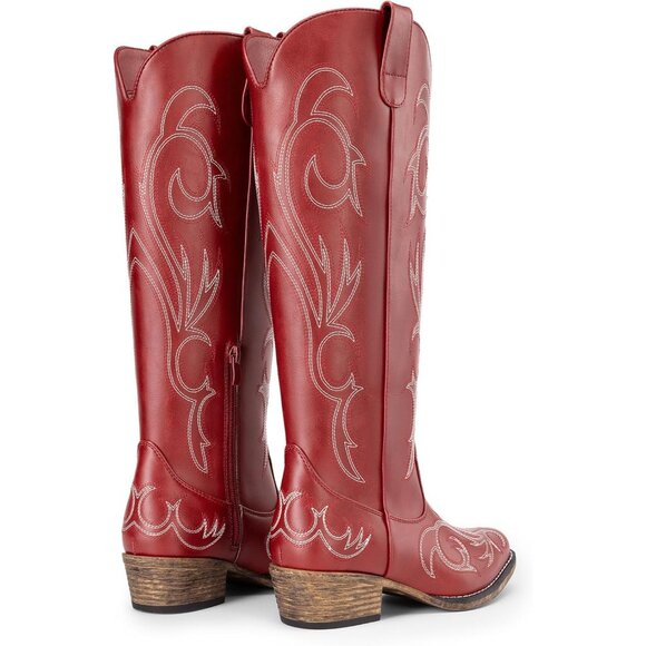 Women's Red Embroidered Cowboy Boots Comfortable Cowgirl Knee High Boots - Picture 7 of 8